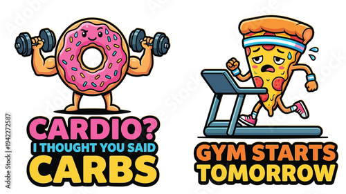 Cute funny sticker illustrations: donut lifting weights, pizza running, humorously tackling diet and fitness.