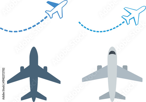 Airplanes in flight with dotted line trajectory air travel flight path aviation