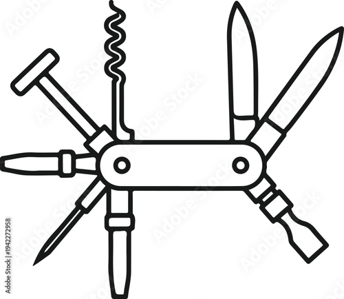 Swiss army multi tool pocket knife outline vector illustration featuring various blades and screwdrivers for camping and survival activities