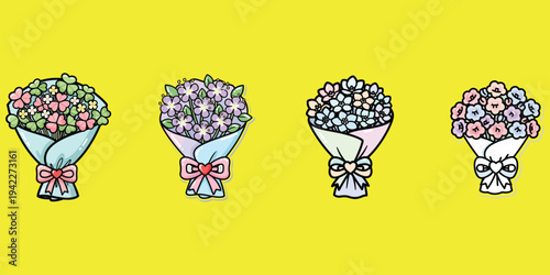Four bouquets of flowers with different colors and bow arrangements displayed on a bright background