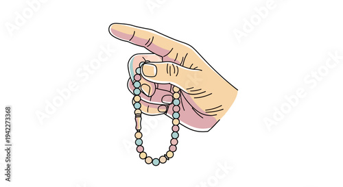 Hand holding rosary beads with fingers.