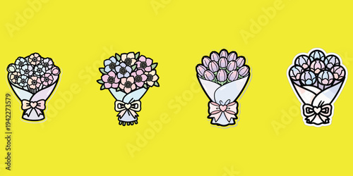 Four bouquets of flowers beautifully arranged in a row on a bright yellow background from a front viewpoint