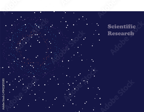 Abstract Swirl of Dots with "Scientific Research" Text on Dark Blue Background