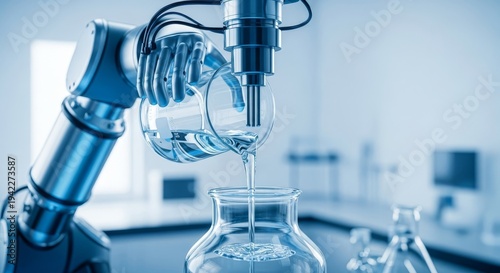 Robotic arm precisely pours clear chemical liquid from a glass beaker into a sterile laboratory vessel in a highly controlled, photorealistic environment, fluid, testing, synthetic