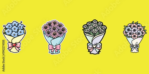 Illustrations of four bouquets with different colored flowers and bows on a bright yellow background from a straightforward viewpoint