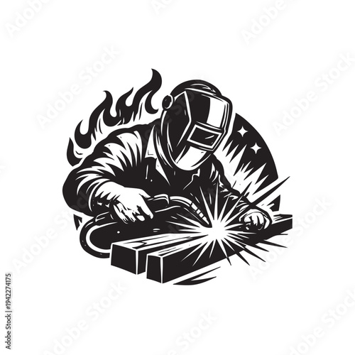 Illustration of welder working in fabrication.. welding the steel vector