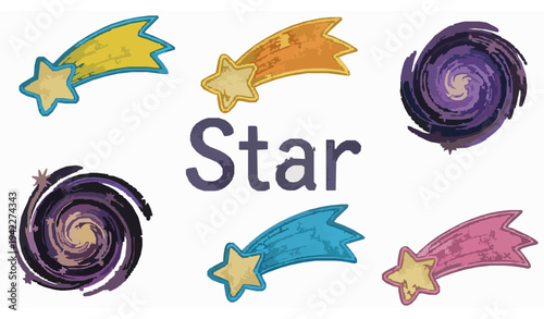 Cute embroidered star and galaxy patch vector set