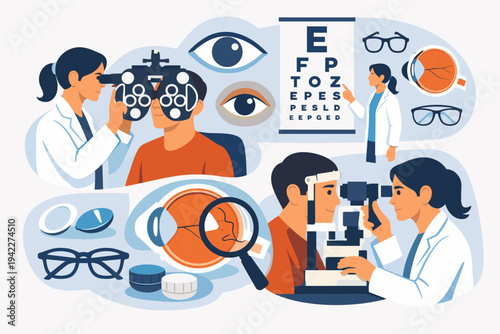 Vector illustration collage of a professional eye doctor or ophthalmologist performing a comprehensive vision exam on a patient using a phoropter, slit lamp, and Snellen chart for eye health.