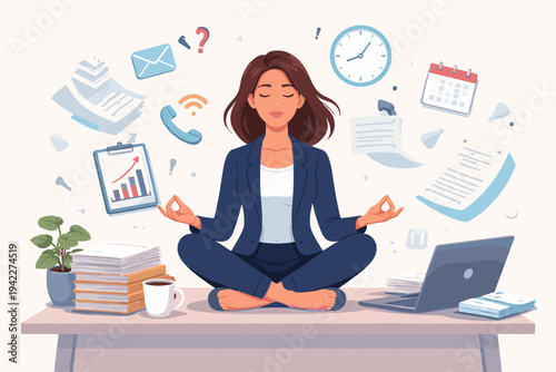 Vector illustration of a professional businesswoman meditating in lotus pose on her desk to find calm and manage stress amidst floating office tasks, emails, deadlines, and busy work life.