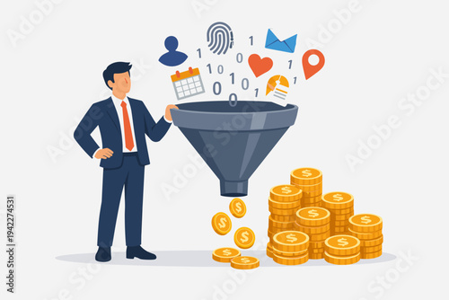 Vector illustration of a businessman using a funnel to transform personal user data, digital information, and binary code into gold money coins. Concept of data monetization and profit.
