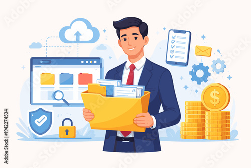 Professional businessman holding a folder with documents, managing online digital data, cloud storage, and financial records for efficient business organization and secure document archiving.