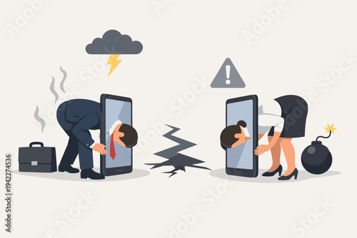 Businessman and businesswoman hiding their heads in smartphone screens to escape reality and ignore problems like a storm, bomb, and ground crack, ostrich effect digital addiction vector.