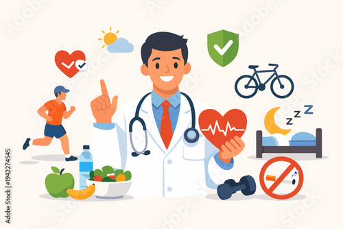 Friendly male doctor cardiologist in white coat with stethoscope advising on healthy lifestyle habits including exercise, balanced diet, sleep, and heart care flat vector illustration.