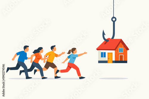 Group of people running towards a house on a fishing hook vector illustration, conceptualizing real estate scams, mortgage traps, deceptive property investment, and the lure of home ownership.