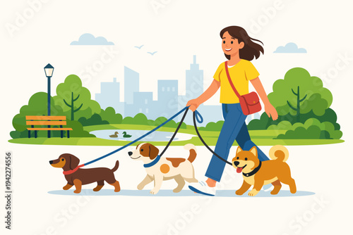 Happy young woman walking three different dogs on leashes in a sunny city park with trees, a pond, and a skyline background. Flat vector illustration of a professional dog walker or pet owner.