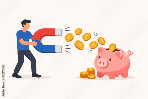 Flat vector illustration of a man using a large magnet to steal gold coins from a pink piggy bank, representing financial fraud, loss of savings, debt collection, or high taxes and inflation.