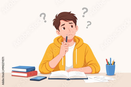 Confused young male student sitting at a desk with an open book and pencil, thinking deeply with question marks around his head. Flat vector illustration of a boy studying and feeling puzzled.