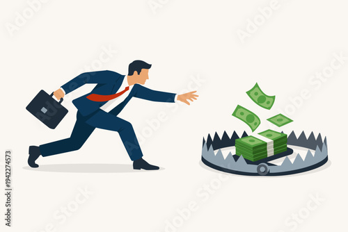 Businessman in a suit running to grab money from a dangerous bear trap, conceptual vector illustration of financial risk, greed, bait, scam, fraud, and bad investment decisions in business world.