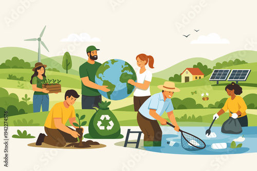 Diverse Group of People Cooperating for Environmental Protection and Sustainability in a Green Rural Landscape with Wind Turbines, Solar Panels, Tree Planting, and Water Cleaning Vector Art.