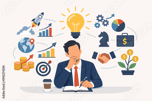 Successful Businessman Brainstorming for New Profitable Business Opportunities and Creative Ideas with Lightbulb, Rocket, Growth Charts, Global Strategy, Investment, and Financial Planning Icons