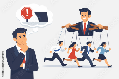 Businessman Thinking of Risk and Stop Sign Warning while a Crowd of People Run Forward as Puppets Controlled by a Large Corporate Leader, Concept of Manipulation, Control and Blind Obedience