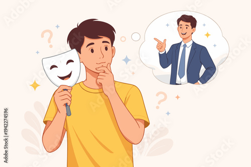 Vector illustration of a young man holding a smiling mask while dreaming of being a successful businessman in a suit, concept of imposter syndrome, social identity, and career aspirations.