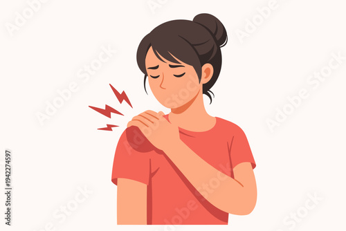 Vector Illustration of a Young Woman Suffering from Severe Shoulder Pain and Muscle Ache, Holding Her Sore Joint with a Sad Expression, Concept of Inflammation, Injury, Healthcare, and Therapy.