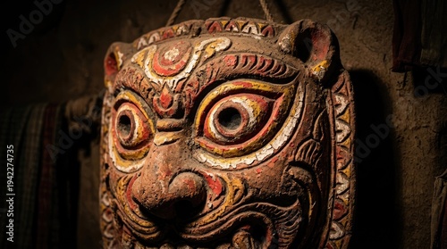 Traditional Chinese guardian lion statue close-up with intricate carvings in dim lighting