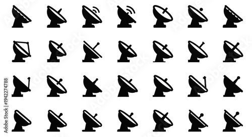 Collection of radio telescope silhouettes in various orientations and configurations