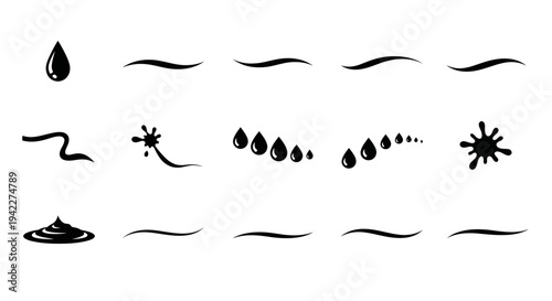Set of black fluid motion elements on a plain background, various shapes and forms, illustrative content