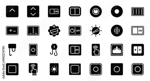 Collection of various black and white icons representing different functions and tools displayed on a grid layout