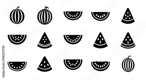 Collection of various fruit icons including watermelon and melon depicted in a simple black and white style