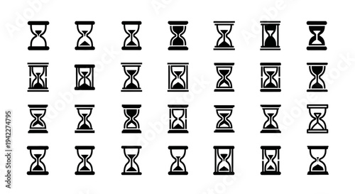 Collection of hourglass icons in various states displayed on a clean white background from a direct viewpoint