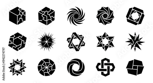 A collection of 16 black geometric shapes with various designs and patterns on a white background displayed in a grid format from a direct viewpoint