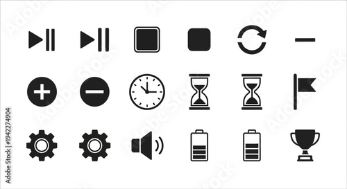 A collection of black icons representing various multimedia control symbols and notification elements on a clean background, viewed from a straightforward perspective.