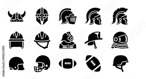 Collection of various sports and warrior helmets depicted in black silhouettes