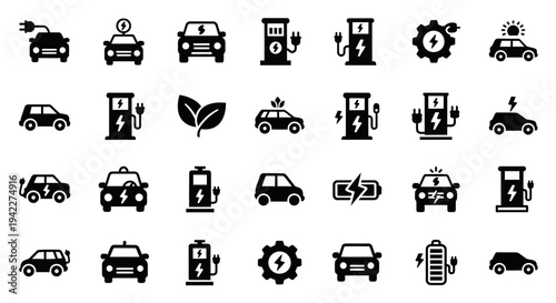 Collection of Vehicle Icons Depicting Fueling, Maintenance, and Eco-Friendly Aspects at Service Stations from a Direct Viewpoint