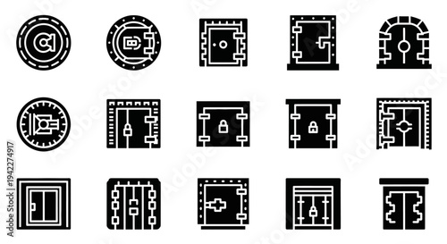 Collection of various black and white icons representing different doors and entrances displayed on a clean white background from a straightforward viewpoint