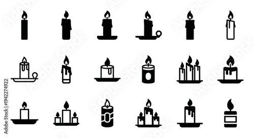 Collection of various candle icons displayed on a clean white background from a straightforward viewpoint