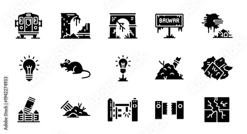 Collection of black and white icons representing various concepts and objects displayed on a clean background