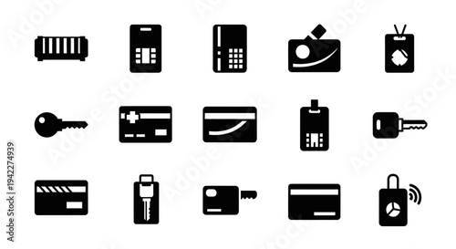 Collection of black technology icons on a clean background viewed from directly above