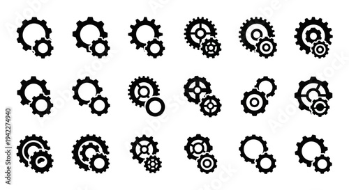 Various mechanical gears and cogs in different configurations, illustrating industrial machinery components and technological mechanisms, viewed from a straightforward perspective.
