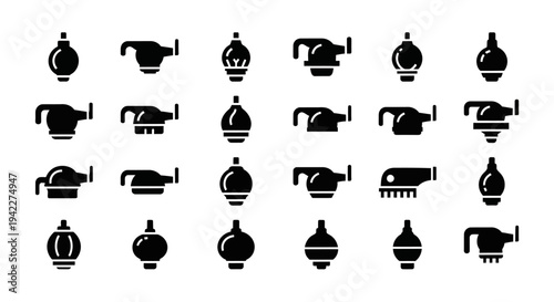 Collection of various black silhouettes of teapots and coffee pots on a white background viewed from directly above