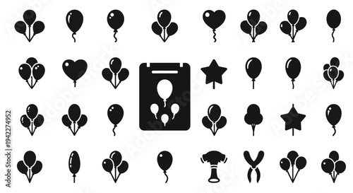 Collection of various black icons representing different objects and symbols on a white background, viewed from directly above