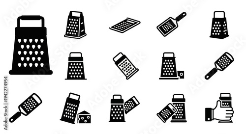Collection of kitchen grater icons displayed from various viewpoints and orientations