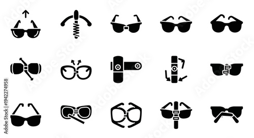 Collection of various sunglasses icons in black on a clean background, a clear visual representation of eyewear styles and designs, viewed directly.