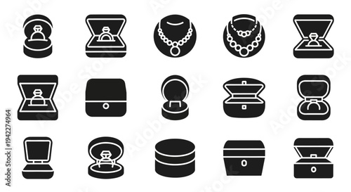 Collection of Jewelry Icons Featuring Necklaces and Rings in Various Open and Closed Boxes and Cases