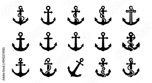 Collection of diverse anchor symbols arranged in a grid pattern on a clean white background from a straightforward viewpoint