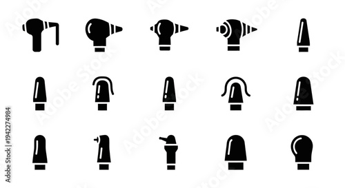 Collection of various black silhouettes of megaphones and loudspeakers on a white background viewed from the front
