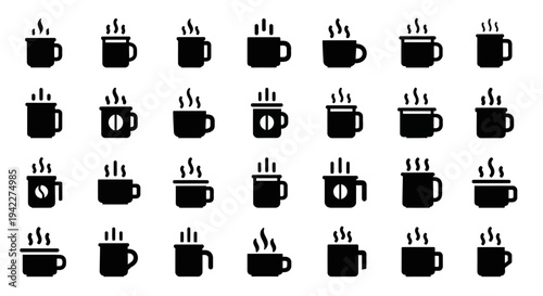 Collection of various black coffee cup icons on a white background viewed from directly above